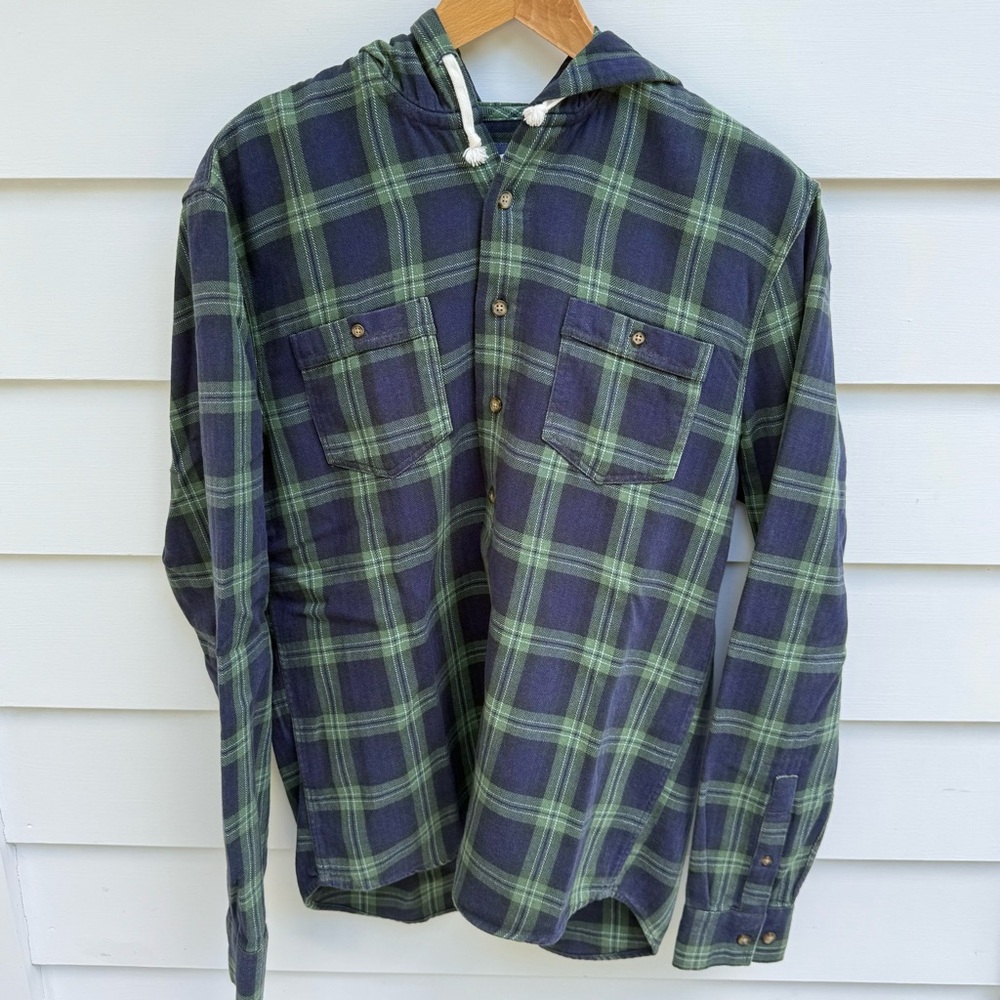 johnnie-O Navy and Olive Plaid Hooded Shirt